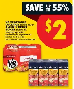 No Frills V8 VEGETABLE COCKTAIL, 6X156 ML OR ALLEN'S DRINK BOXES, 8X200 ML offer