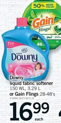 Fortinos DOWNY LIQUID FABRIC SOFTENER, 150 WL, 3.29 L OR GAIN FLINGS, 28-48'S offer