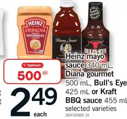 Fortinos HEINZ MAYO SAUCE, 340 ML, DIANA GOURMET, 500 ML, BULL'S EYE, 425 ML OR KRAFT BBQ SAUCE, 455 ML offer