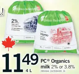 Fortinos PC ORGANICS MILK, 2% OR 3.8% offer