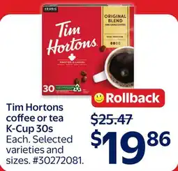 Walmart Tim Hortons coffee or tea K-Cup 30s offer
