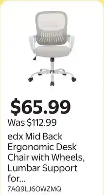 Walmart edx Mid Back Ergonomic Desk Chair with Wheels, Lumbar Support for Home Office, Bedroom, Black offer