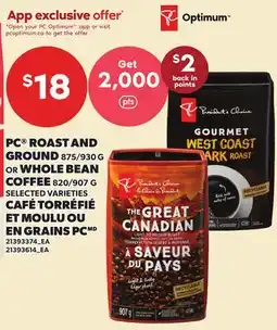 Independent Grocer PC ROAST AND GROUND 875/930 G OR WHOLE BEAN COFFEE 820/907 G offer