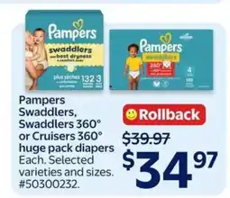 Walmart Pampers Swaddlers, Swaddlers 360° or Cruisers 360° Huge Pack Diapers offer