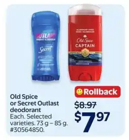 Walmart Old Spice or Secret Outlast deodorant offer
