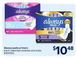 Walmart ALWAYS PADS OR LINERS offer