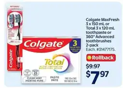 Walmart Colgate MaxFresh or Total Toothpaste or 360° Advanced Toothbrushes offer