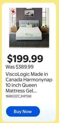 Walmart ViscoLogic Made in Canada Harmonynap 10 inch Queen Mattress Gel offer