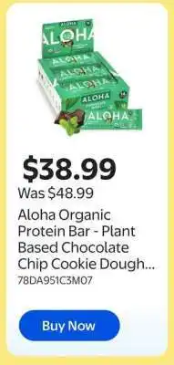 Walmart Aloha Organic Protein Bar - Plant Based Chocolate Chip Cookie Dough offer