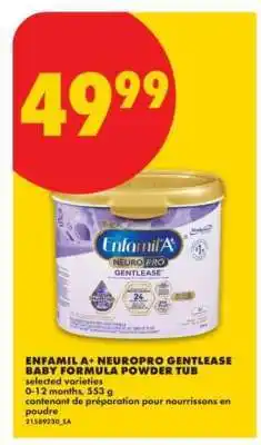 No Frills ENFAMIL A+ NEUROPRO GENTLEASE BABY FORMULA POWDER TUB offer