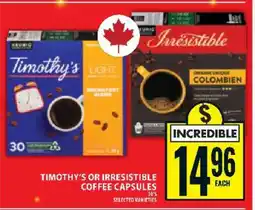 Food Basics Timothy's or Irresistible Coffee Capsules offer