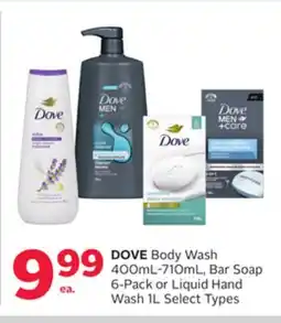 Rexall DOVE Body Wash 400ML-710ML, Bar Soap 6-Pack or Liquid Hand Wash 1L offer