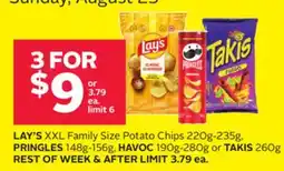 Rexall LAY'S XXL Family Size Potato Chips 220g-235g, PRINGLES 148g-156g, HAVOC 190g-280g or TAKIS 260g offer