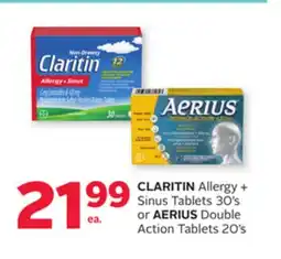 Rexall CLARITIN Allergy + Sinus Tablets 30's or AERIUS Double Action Tablets 20's offer