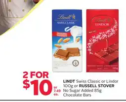 Rexall LINDT Swiss Classic or Lindor 100G or RUSSELL STOVER No Sugar Added 85g Chocolate Bars offer