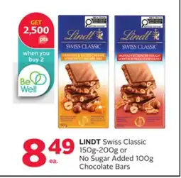 Rexall LINDT Swiss Classic 150g-200g or No Sugar Added 100g Chocolate Bars offer