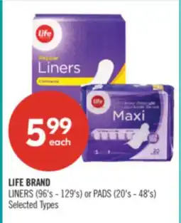 Shoppers Drug Mart LIFE BRAND LINERS (96's - 129's) or PADS (20's - 48's) offer