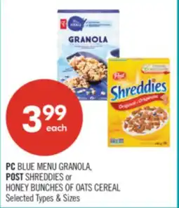 Shoppers Drug Mart PC BLUE MENU GRANDA P Pin e POST SHREDDIES or HONEY BUNCHES OF OATS CEREAL U T offer