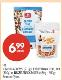 Shoppers Drug Mart PC JUMBO CASHEWS (275g), EVERYTHING TRAIL MIX (300g) or BASSÉ SNACK MIXES (480g - 600g) offer