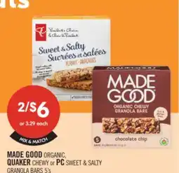 Shoppers Drug Mart MADE GOOD ORGANIC, QUAKER CHEWY or PC SWEET & SALTY GRANOLA BARS 5's offer