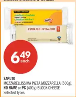 Shoppers Drug Mart SAPUTO MOZZARELLISSIMA PIZZA MOZZARELLA (500g), NO NAME or PC (400g) BLOCK CHEESE offer