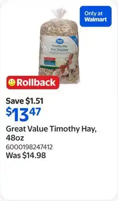 Walmart Great Value Timothy Hay, 48oz offer