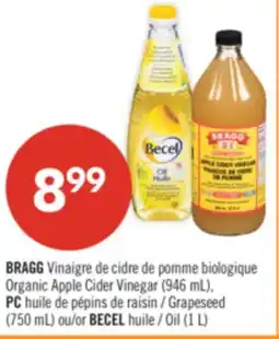 Pharmaprix BRAGG Organic Apple Cider Vinegar (946 mL), PC Grapeseed (750 mL) or BECEL Oil (1 L) offer