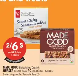 Pharmaprix MADE GOOD Organic, QUAKER CHEWY or PC SUCRÉES ET SALÉES Granola Bars offer