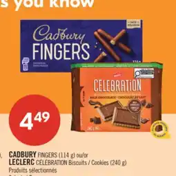 Pharmaprix CADBURY FINGERS (114 g) or LECLERC CÉLÉBRATION Cookies (240 g) offer