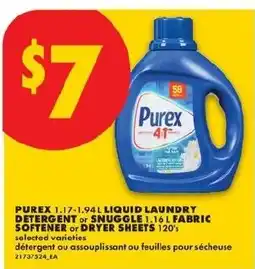 No Frills Purex liquid laundry detergent or Snuggle fabric softener or dryer sheets offer