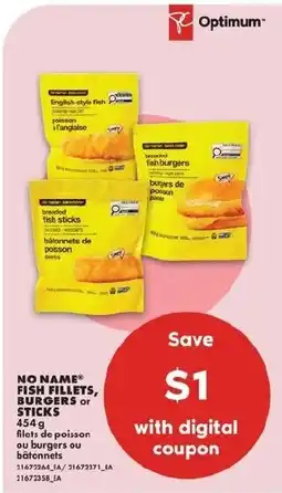 No Frills No Name fish fillets, burgers or sticks offer