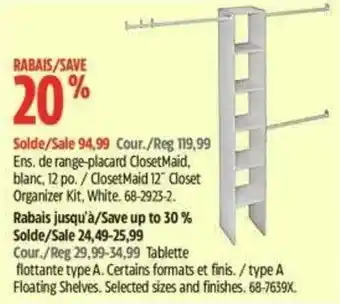 Canadian Tire ClosetMaid 12" Closet Organizer Kit White offer