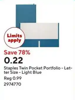 Staples Staples Twin Pocket Portfolio - Letter Size - Light Blue offer