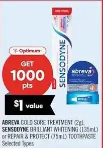 Shoppers Drug Mart Sensodyne abreva cold sore treatment or sensodyne brilliant whitening or repair and protect toothpaste offer