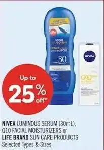Shoppers Drug Mart Nivea luminous serum or q10 facial moisturizers or life brand sun care products offer
