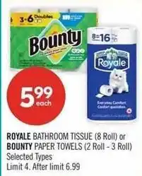 Shoppers Drug Mart Royale bathroom tissue or Bounty paper towels offer