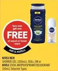 Shoppers Drug Mart Nivea men shower gel roll on or nivea stick antiperspirant deodorant offer