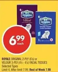 Shoppers Drug Mart Royale original 2-ply or velour 3-ply facial tissues offer