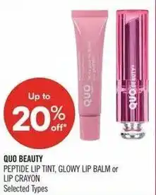 Shoppers Drug Mart Quo beauty peptide lip tint, glowy lip balm or lip crayon offer