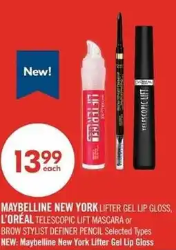 Shoppers Drug Mart Maybelline New York Lifter Gel Lip Gloss, L'Oréal Telescopic Lift Mascara or Brow Stylist Definer Pencil offer