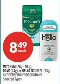 Shoppers Drug Mart Mitchum Dove or Hello Natural antiperspirant/deodorant offer
