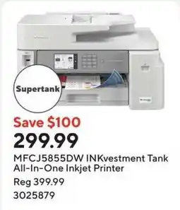 Staples Brother MFCJ5855DW INKvestment Tank All-In-One Inkjet Printer offer