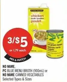 Shoppers Drug Mart No Name blue menu broth or No Name canned vegetables offer