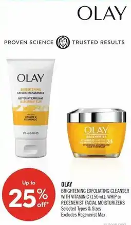 Shoppers Drug Mart Olay brightening exfoliating cleanser with vitamin c or regenerist facial moisturizers offer