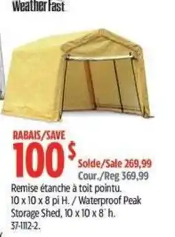 Canadian Tire Weatherfast waterproof peak storage shed offer