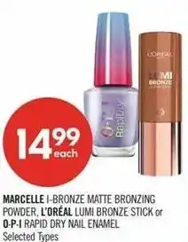 Shoppers Drug Mart Marcelle i-bronze matte bronzing powder, l'oreal lumi bronze stick or o-p-i rapid dry nail enamel offer