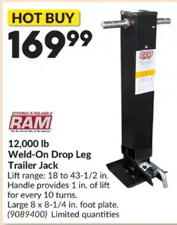 Princess Auto Ram 12,000 lb weld-on drop leg trailer jack offer