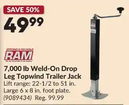 Princess Auto Ram 7,000 lb weld-on drop leg topwind trailer jack offer
