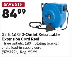 Princess Auto 33 ft 16/3 3-outlet retractable extension cord reel offer