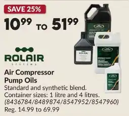 Princess Auto Rolair systems air compressor pump oils offer